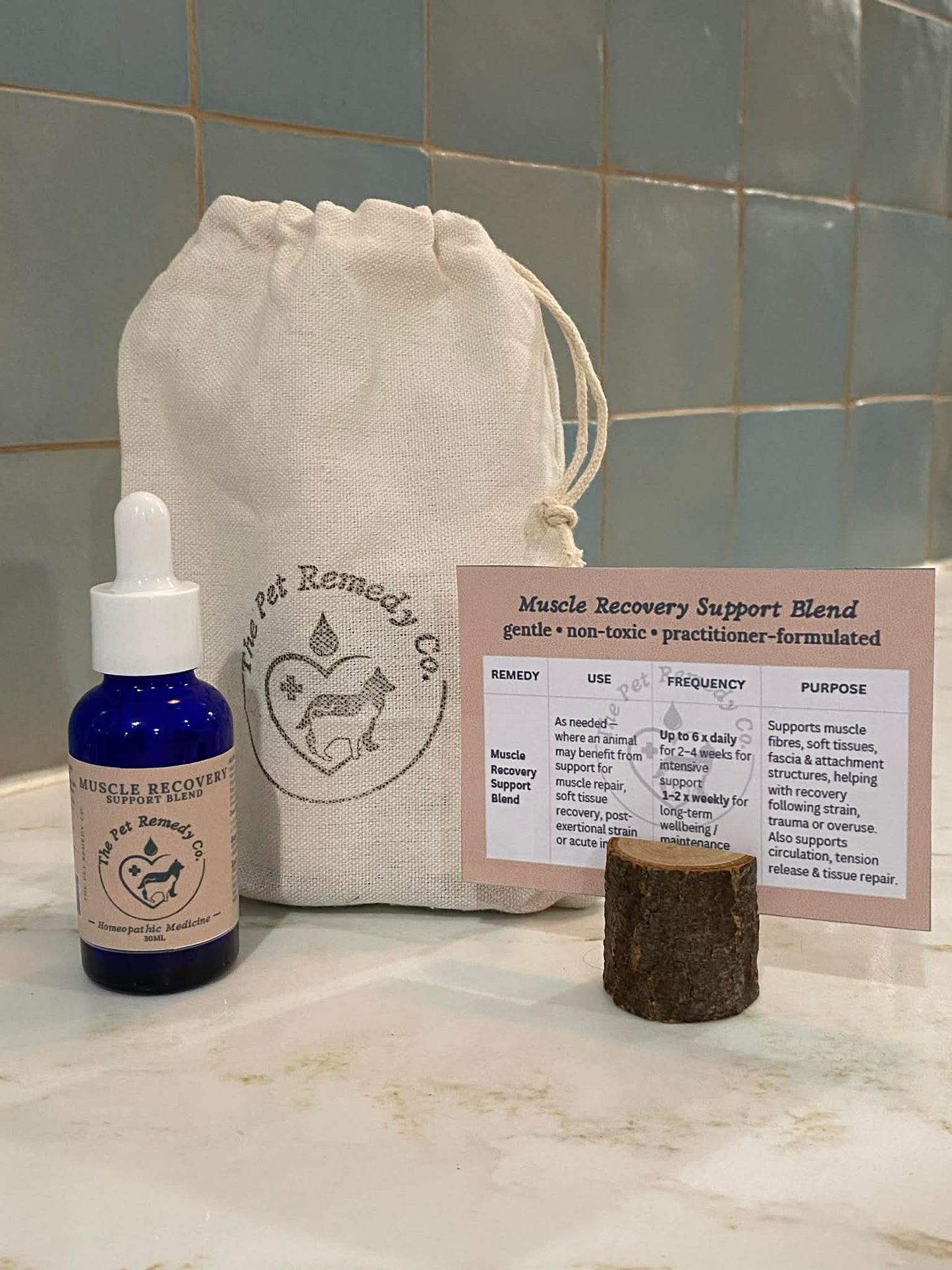 Muscle Recovery Support Blend homeopathic soft tissue and muscle support remedy for pets with instruction card
