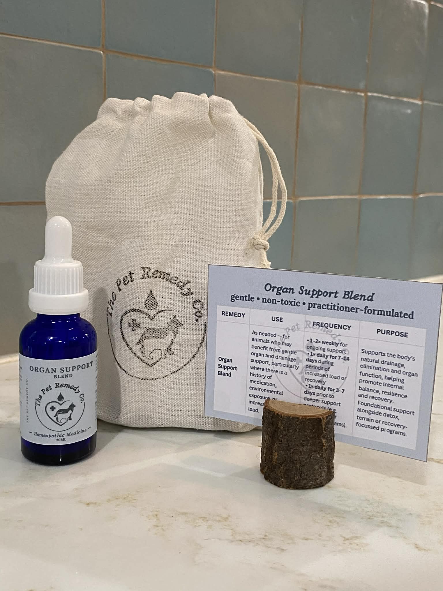 Organ Support Blend homeopathic liver, kidney and lymphatic support remedy for pets with instruction card