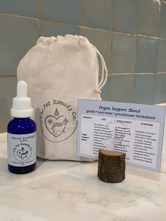 Organ Support Blend homeopathic liver, kidney and lymphatic support remedy for pets with instruction card