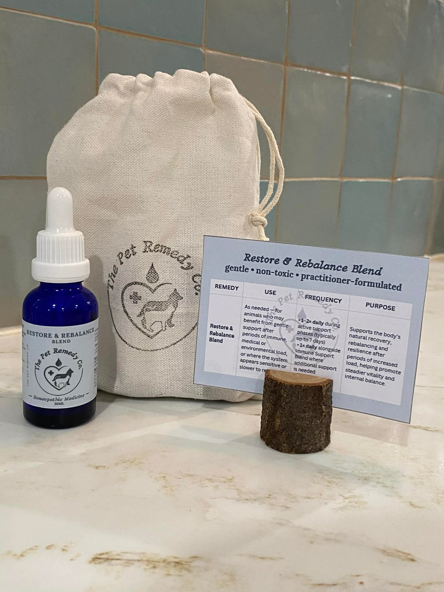 Restore & Rebalance Blend homeopathic detox, recovery and rebalancing support remedy for pets with instruction card