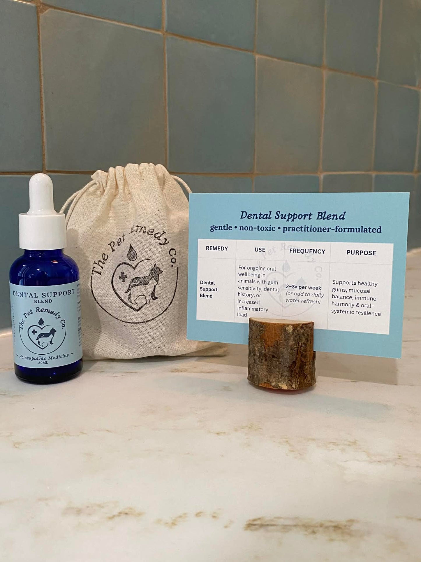 Dental Support Blend homeopathic oral and gum support for pets with instruction card