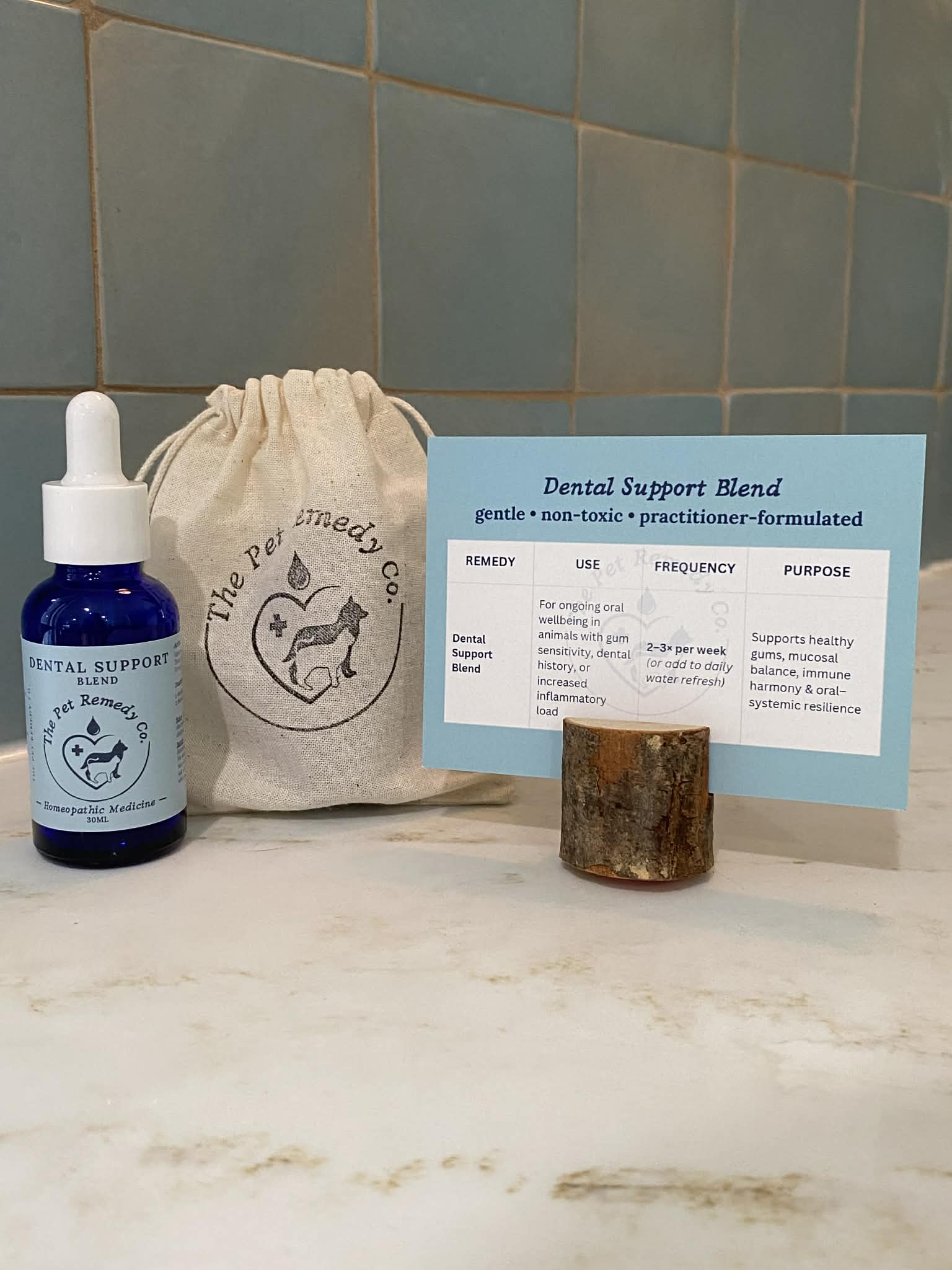 Dental Support Blend homeopathic oral and gum support for pets with instruction card