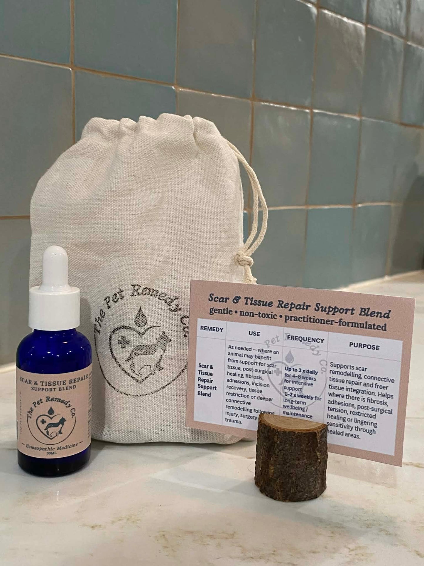 Scar & Tissue Repair Support Blend homeopathic scar tissue, healing and post-surgical support remedy for pets with instruction card