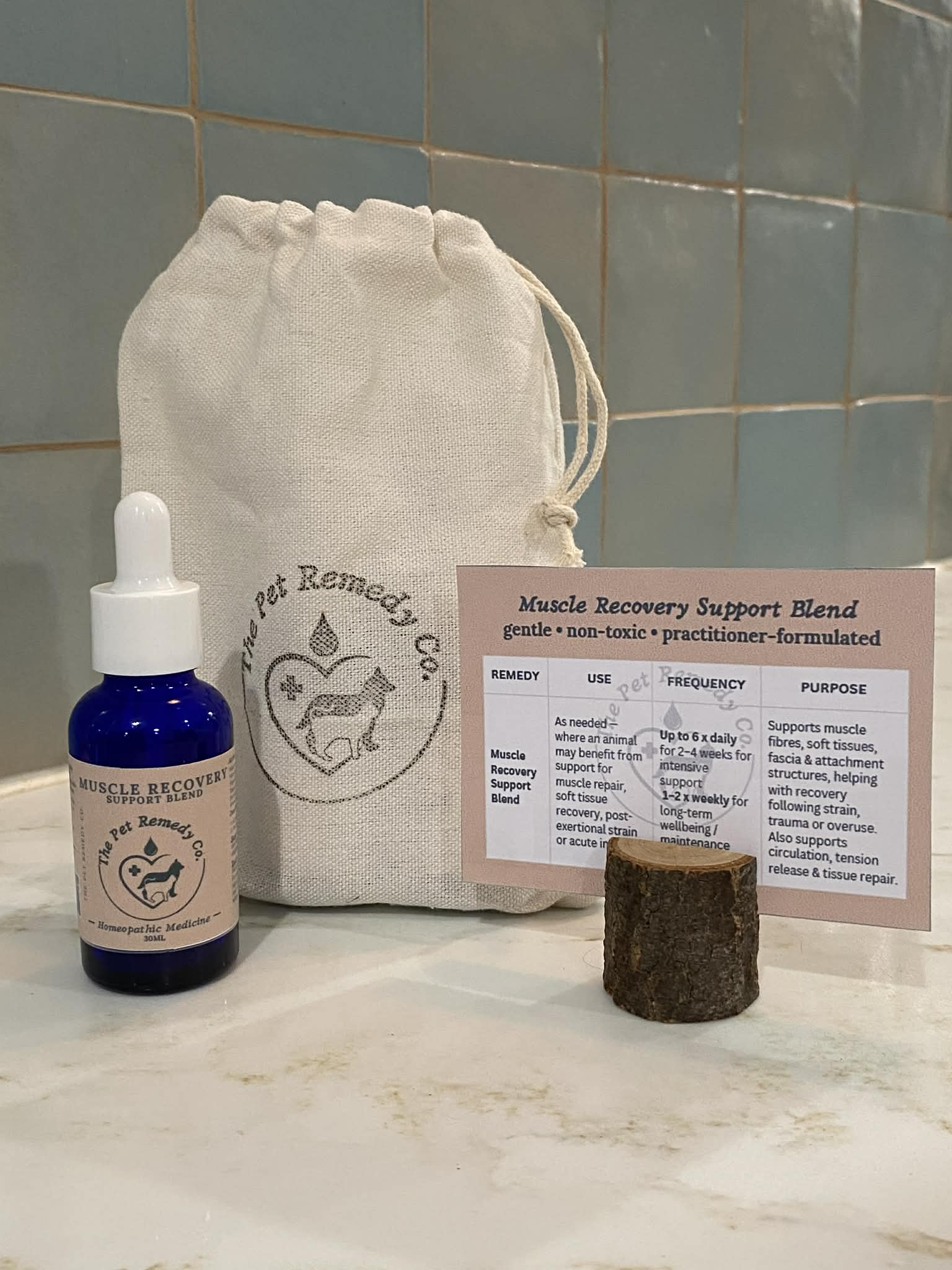 Muscle Recovery Support Blend homeopathic soft tissue and muscle support remedy for pets with instruction card