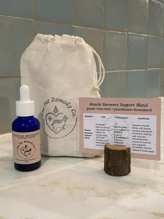 Muscle Recovery Support Blend homeopathic soft tissue and muscle support remedy for pets with instruction card